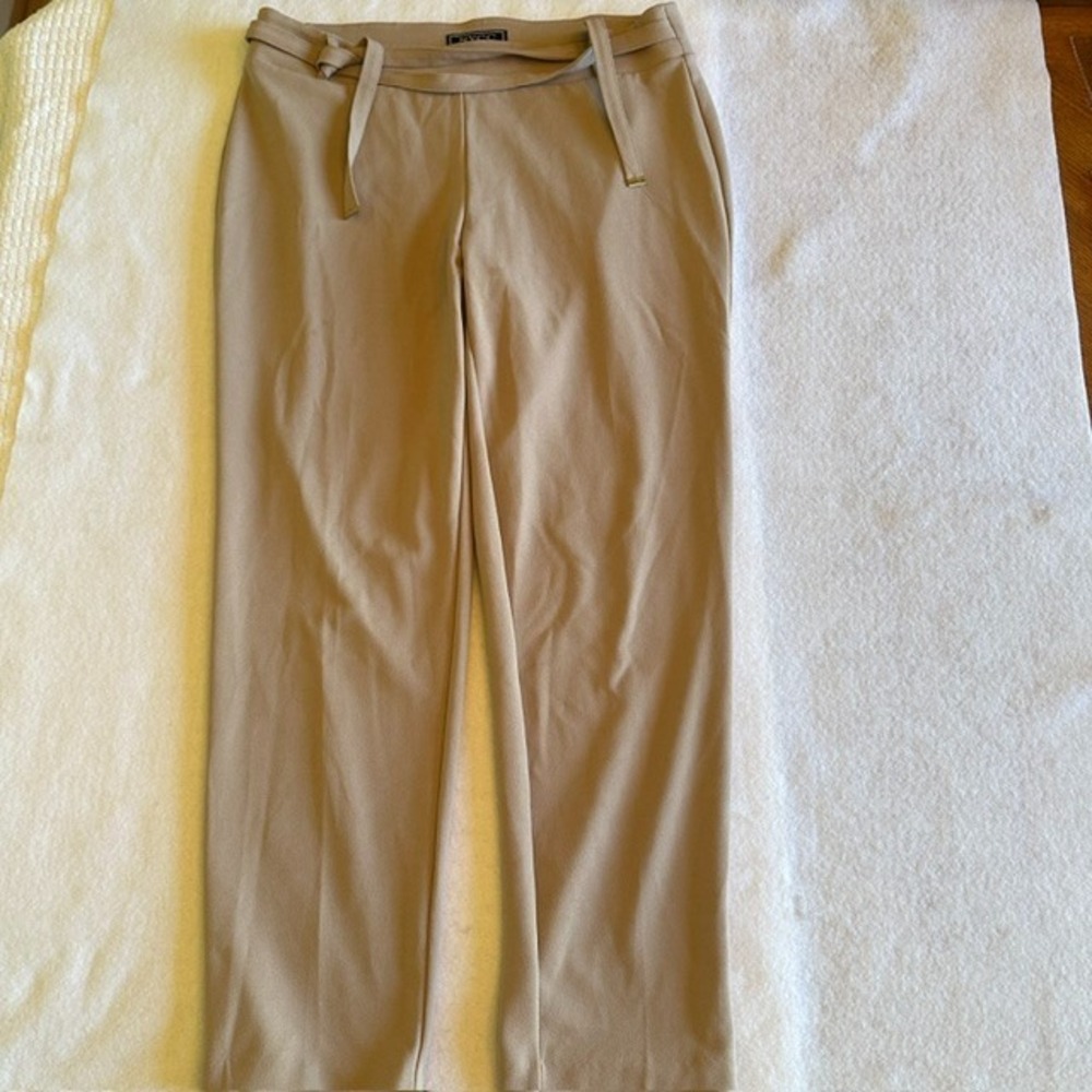 NYCC Dress Pants Womens Tan Beige M Belted Stretch Straight Leg Trousers Office